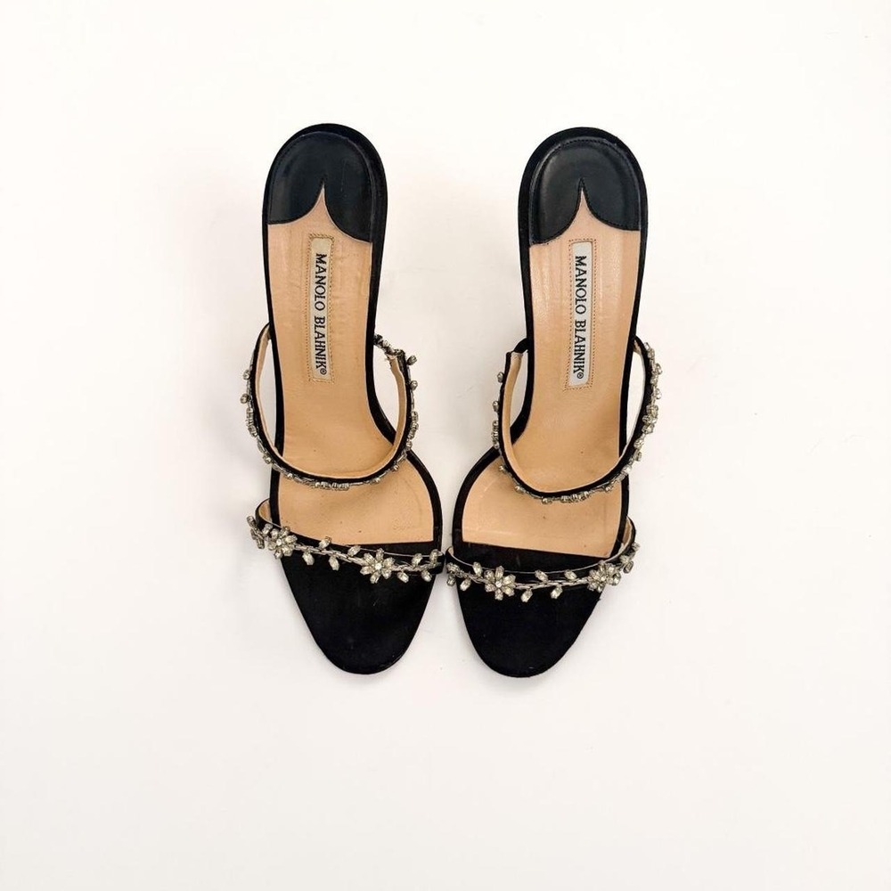 Manolo Blahnik crystal embellished black satin heels sandals IT 37 US 7 vintage